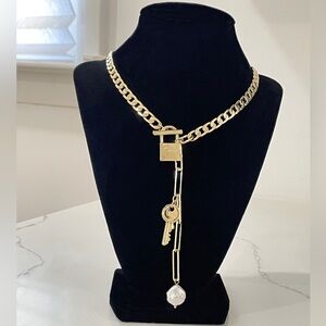 Paper Clip Necklace 14K Gold Plated Chain Choker Pearl Necklace with Charm